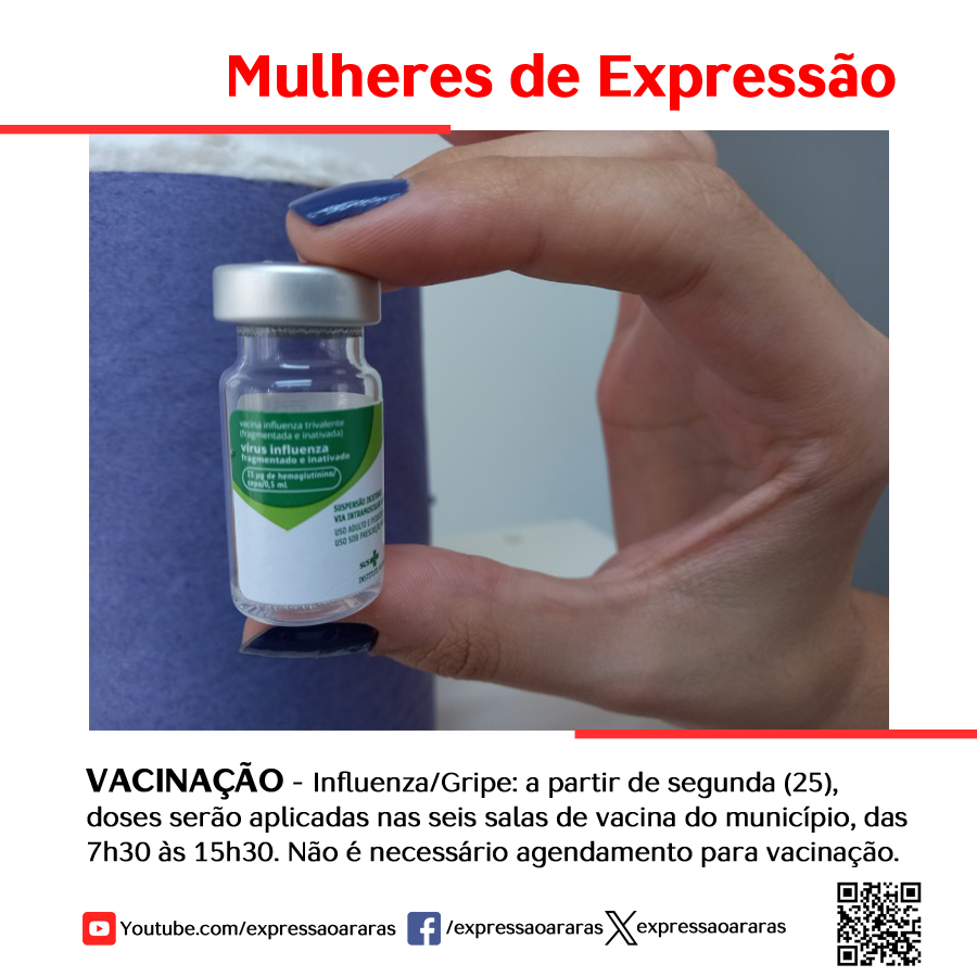 Leia mais sobre o artigo Influenza-Gripe: a partir de segunda, dia 25, doses serão aplicadas nas seis salas de vacina do município, das 7h30 às 15h30.