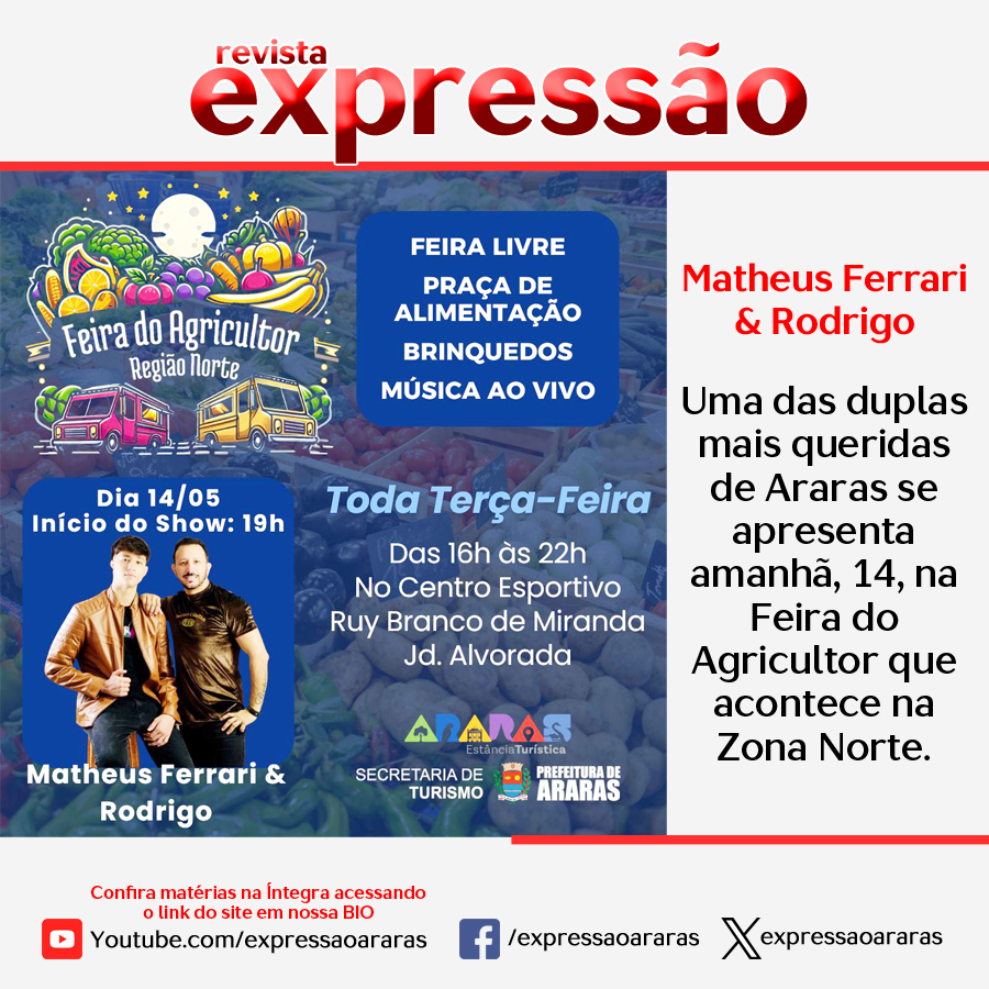 Leia mais sobre o artigo Matheus Ferrari & Rodrigo , uma das duplas mais queridas de Araras se apresenta amanhã, 14, na Feira do Agricultor que acontece na Zona Norte.