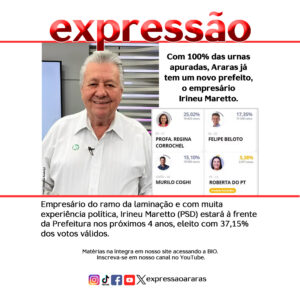 Leia mais sobre o artigo Com 100% das urnas apuradas, Araras já tem um novo prefeito, o empresário Irineu Maretto, e vice Elaine Brambilla.